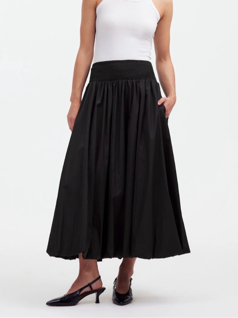 Madewell Black Bubble Maxi Skirt with Smocked Waist 100% Cotton Size Large BNWT